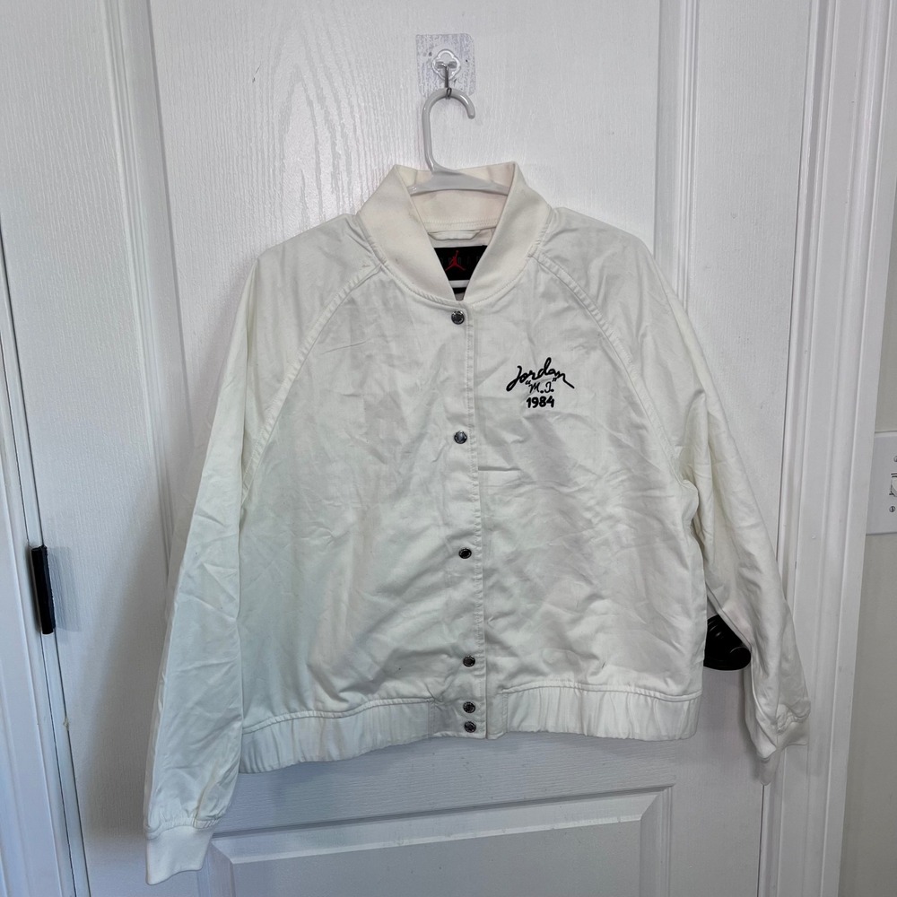 Jordan Brand Mens White Cotton Twill Bomber Varsity Jacket MJ 1984 Size Medium